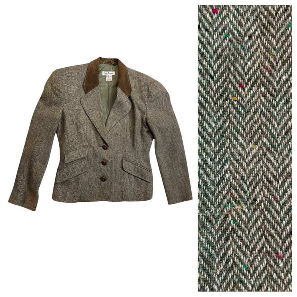 Vintage 80’s Ann Taylor Green Tweed Wool Blazer Sz 4 Leather Collar Academia Rid
